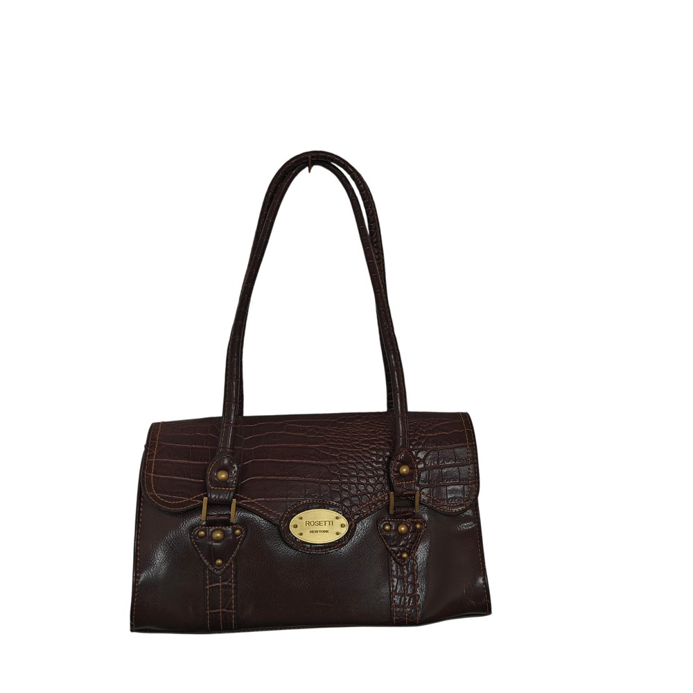 Rosetti New York Brown Croc Embossed Faux Leather Shoulder Bag Purse Brass Studs